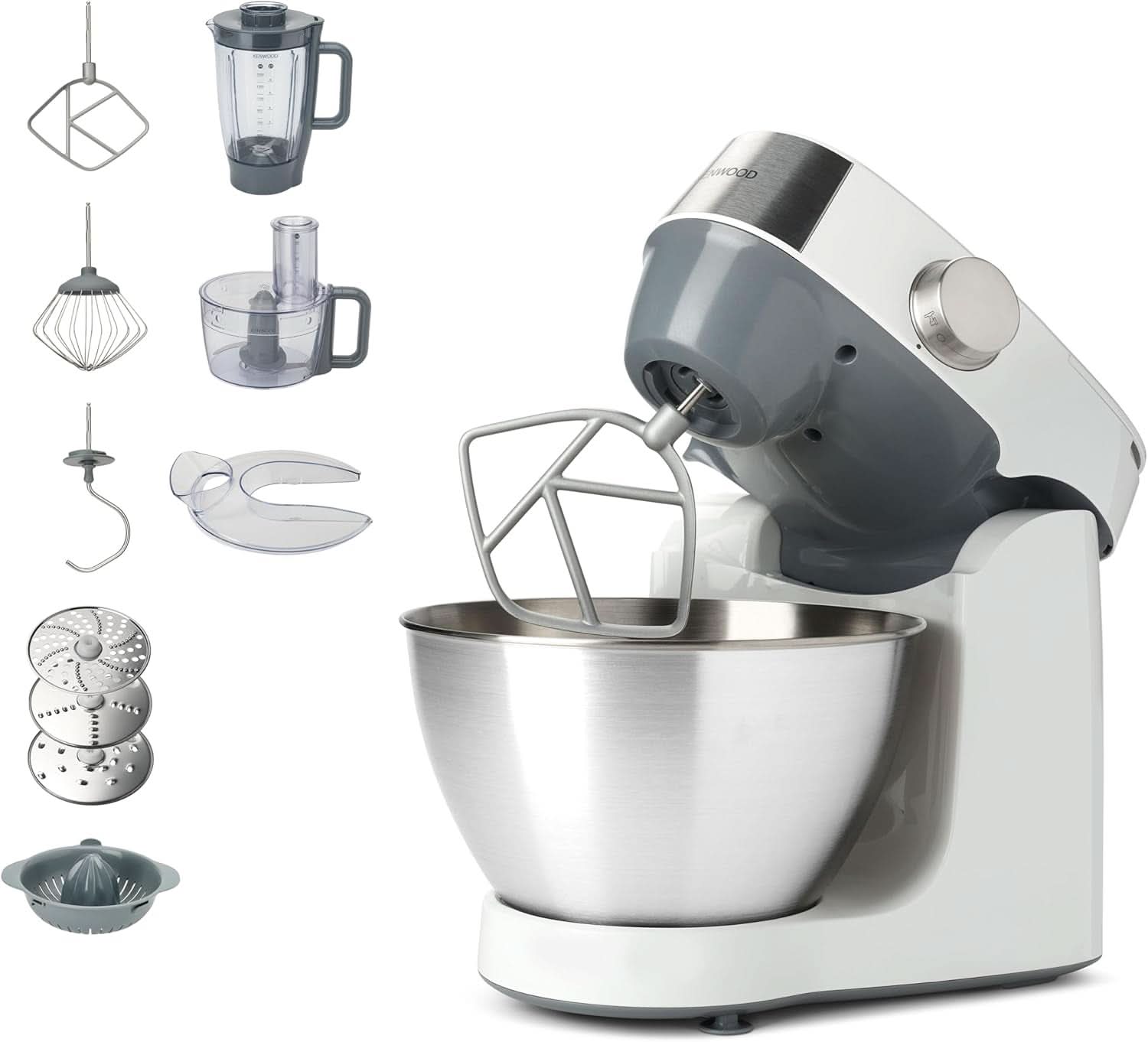 Kenwood Prospero+ KHC29A.R0SI Macchina da cucina, 4,3 L Edelstahlschüssel, Inkl. 10-Teiligem Zubehör-Set Mit Fleischwolf, Glas-Mixer, Zitruspresse, Entsafter Und Mehr, Inkl. Easyweigh Waage, 1000W, Argento Madre e bambino Naty Shop Weiß Inkl. 7 Accessori