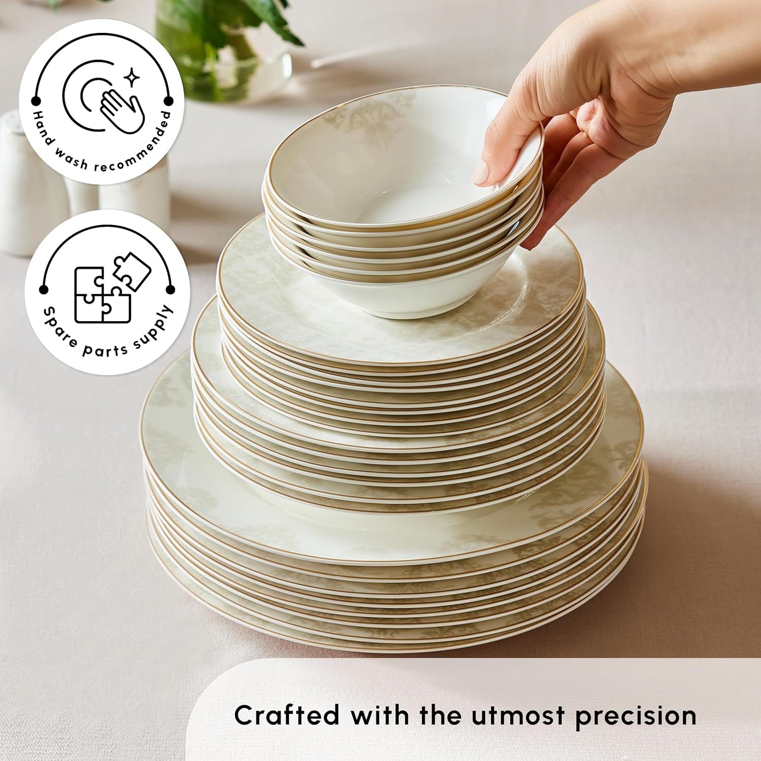 Karaca Elegance Bone Siena - set de veselă pentru 12 persoane, set modern de farfurii din porțelan, set de veselă cu boluri pentru supă, platou de servire, farfurii adânci, farfurii pentru desert - alb și auriu