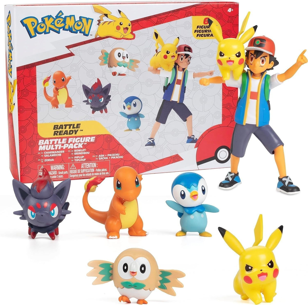 Pronti per la battaglia Pokémon! Set di figure da 6 pezzi - Ash da 11,4 cm e Pikachu che lancia, Charmander da 5,1 cm, Rowlet, Piplup, Zorua - Licenza ufficiale - Regalo di Pasqua per bambini, ragazzi e ragazze Action Figure Naty Shop Titolo predefinito