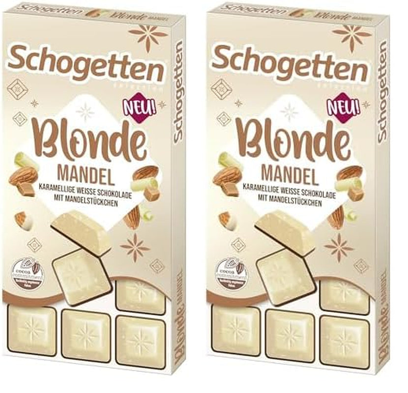 Schogetten Mandorla Bionda | Cioccolato bianco con pezzetti di caramello e mandorle | 100 g| Convenientemente porzionato (confezione da 2)