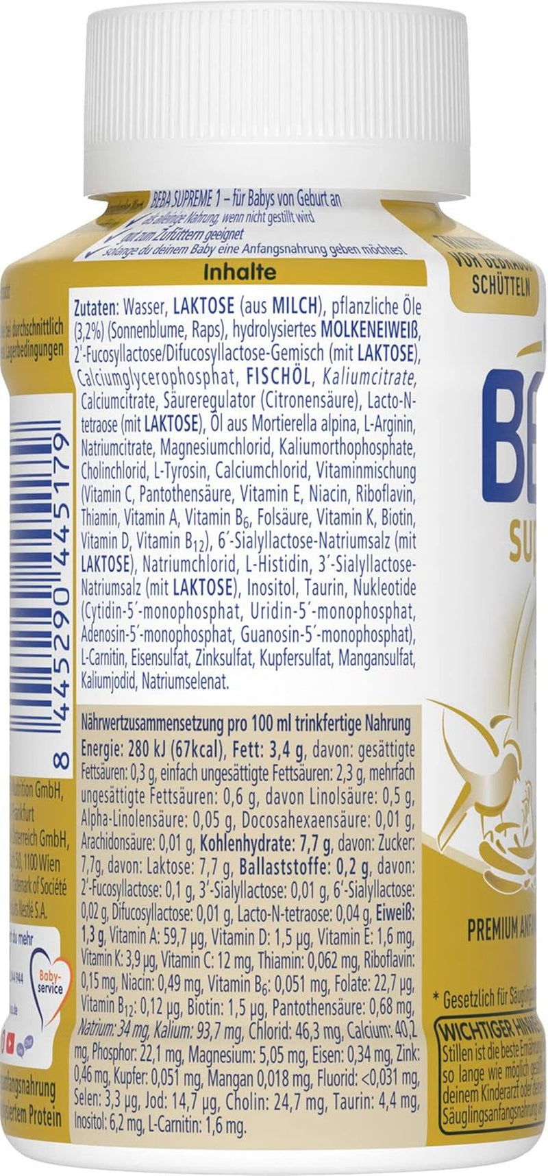 BEBA Nestlé BEBA SUPREME 1 Latte per lattanti: biberon pronti da bere con Omega 3, 1 confezione (1 x 200 ml)