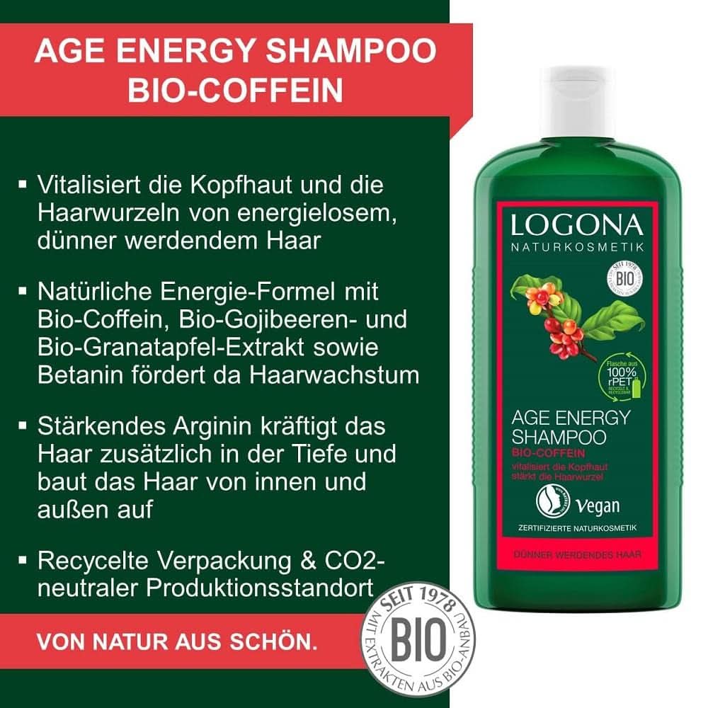 LOGONA Cosmetici Naturali, Shampoo, formula vegana caffeina biologica, 250 ml Doccia e Bagno Naty Shop