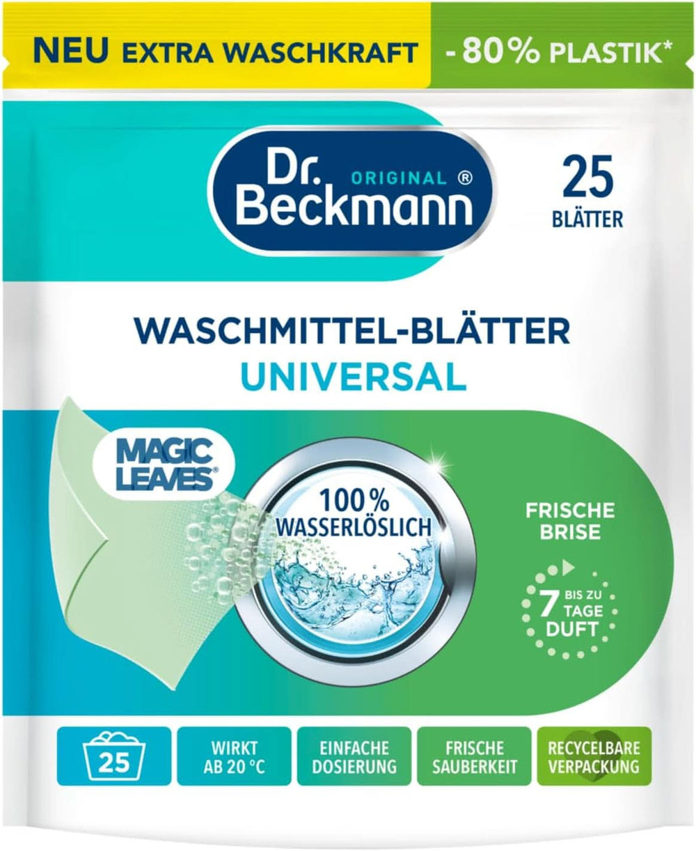 Foglio detersivo Dr Beckmann MAGIC LEAVES COLOR | Salviette predosate e idrosolubili | Salvaspazio e facile da usare | 25 fogli Naty Shop Detersivi Bucato 25 pezzi Universali