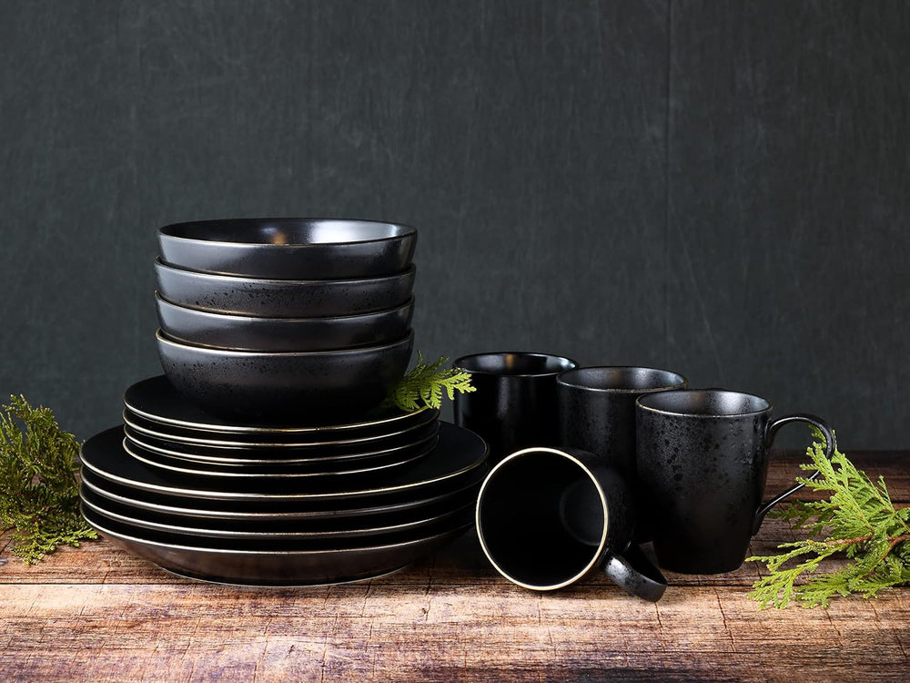 CreaTable, 22699, seria Industrial Gold BLACK, set de veselă cu 16 piese pentru 4 persoane, serviciu combinat din gresie, potrivit pentru mașina de spălat vase și cuptorul cu microunde, producție de calitate