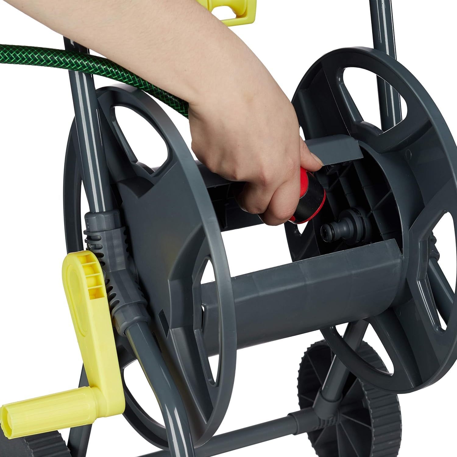 Cărucior furtun Relaxdays 45m, rolă mobilă pentru furtun de grădină și balcon, cu ghidaj pentru furtun, 76,5x44x41 cm, gri-galben