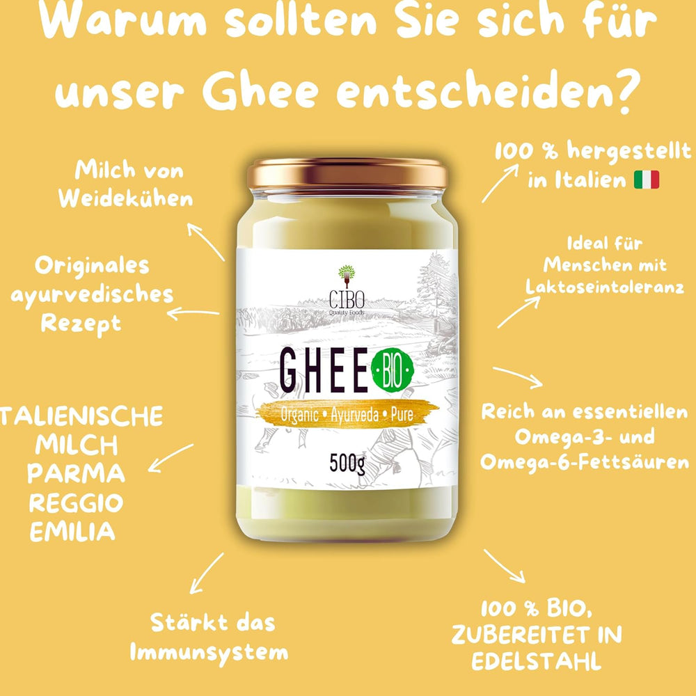 Cibo Bio Ghee 500g – Milk aus Parma und Reggio Emilia – Hergestellt in Italien – Weidekühe – Rauchpunkt 250°C – Aus Centrifugensahne