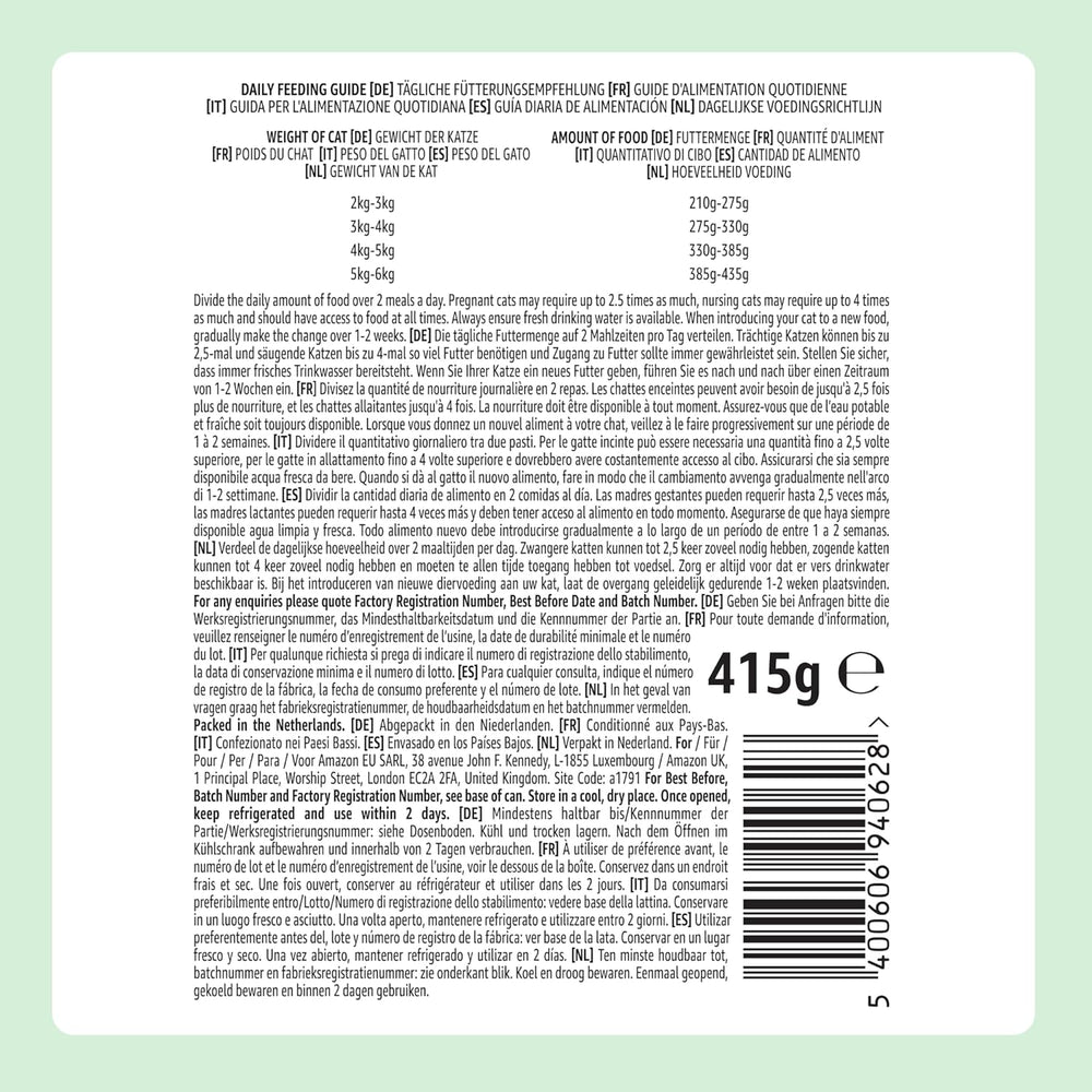 Hrană umedă pentru pisici fără cereale de la Amazon, conservă, pate de pui, 12 x 400 g