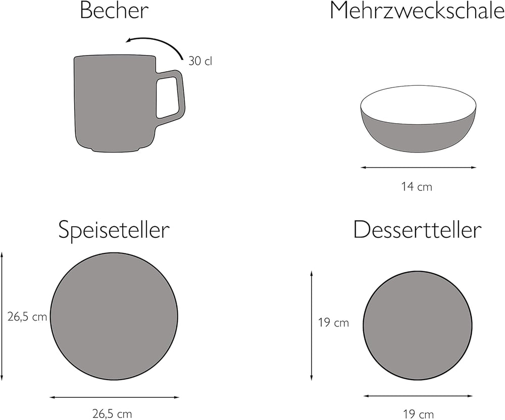 CreaTable, 22582, seria SAMBA, set de veselă cu 16 piese pentru 4 persoane, serviciu combinat din porțelan, potrivit pentru mașina de spălat vase și cuptorul cu microunde, producție de calitate