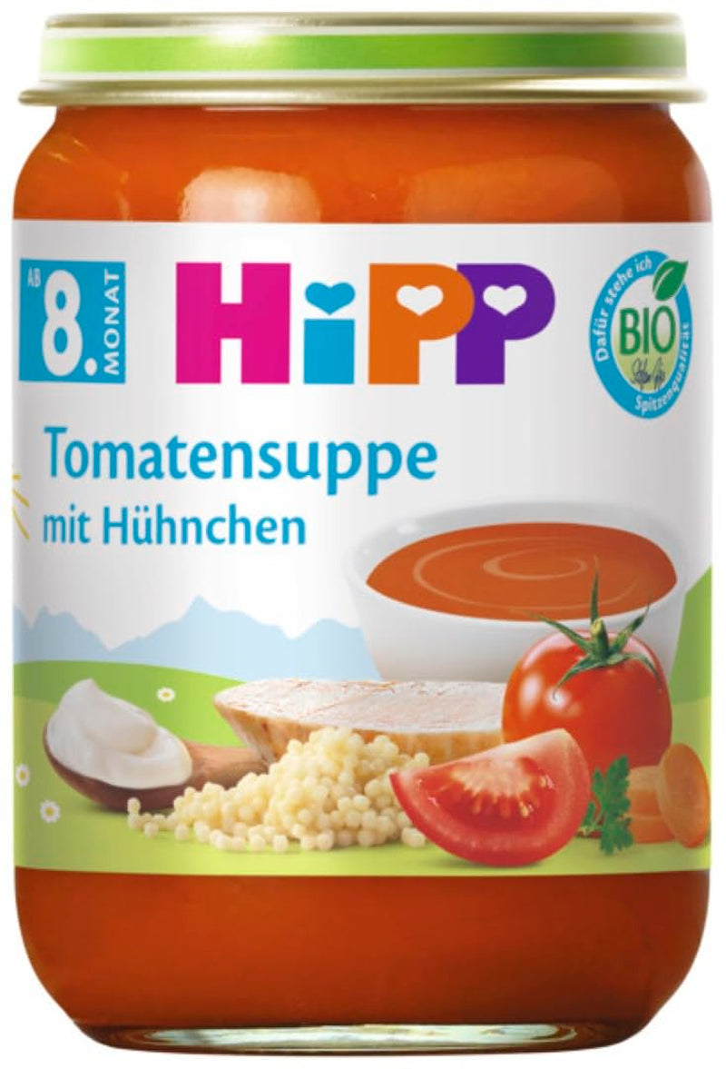 Zuppa di pomodoro e pollo bio HiPP (6 x 190 g), a partire da 8 mesi, senza sale aggiunto, a pezzetti - per imparare a masticare, con Omega 3, della migliore qualità biologica