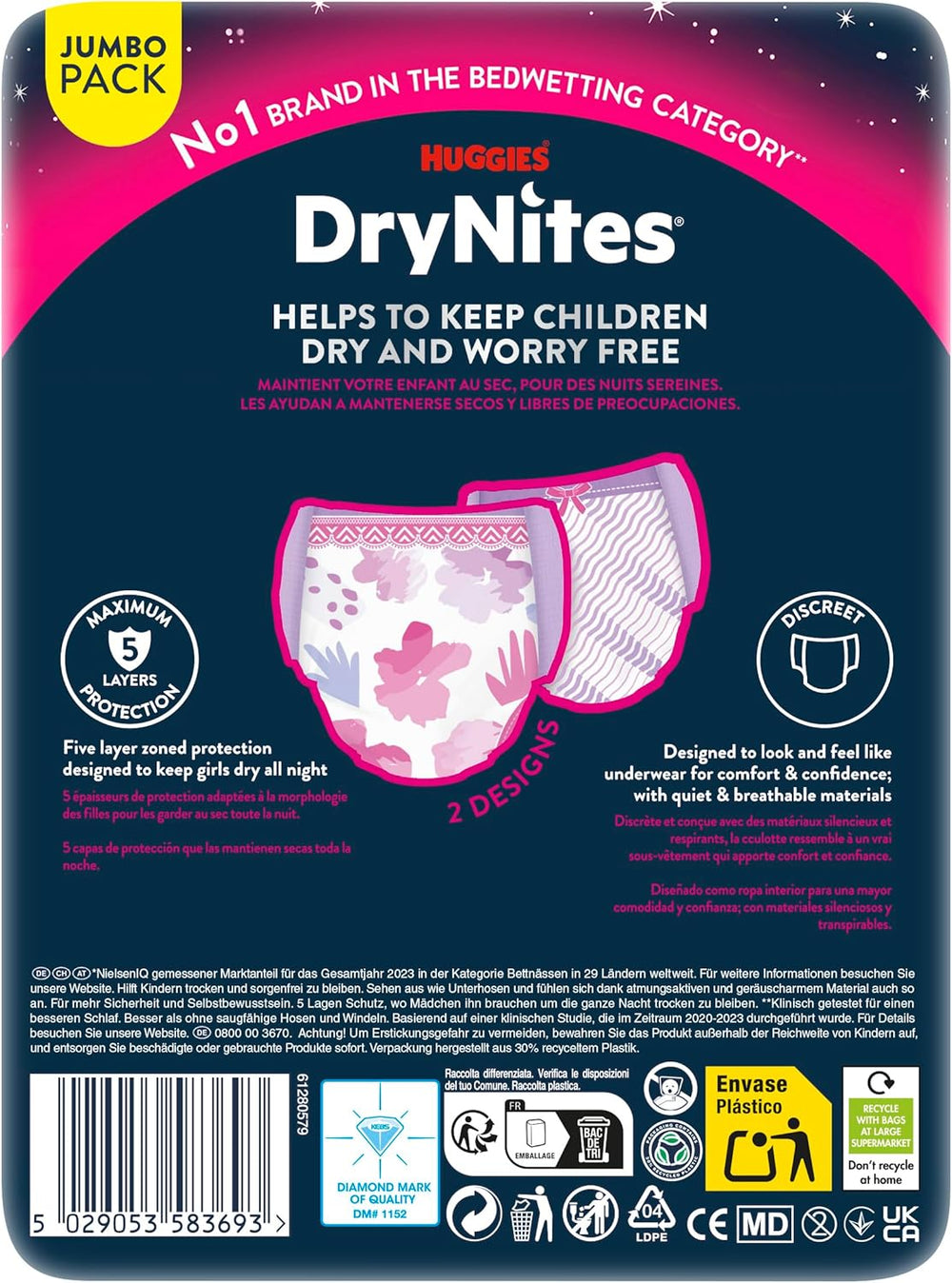 Huggies DryNites Pannolini per l'enuresi notturna per ragazze 13-circa 17 anni (48-60 kg) 33 pezzi (3 x 11) Confezione mensile Jumbo Slip per pannolini XL