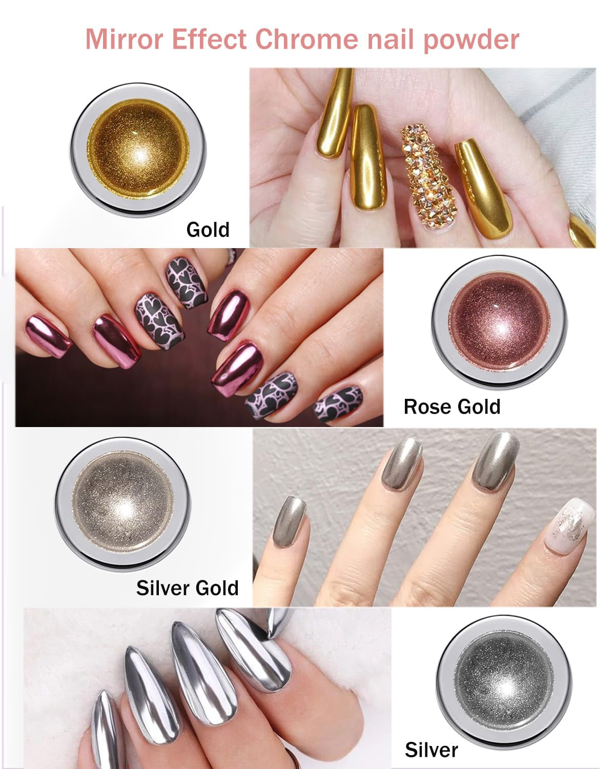 Wahrshei 6 Chrome Nail Powder, Chrome Pulver Nägel Mit Spiegeleffekt, Laser Chrome Puder, Pearl Effect Powder Für Glazed Donut Nails