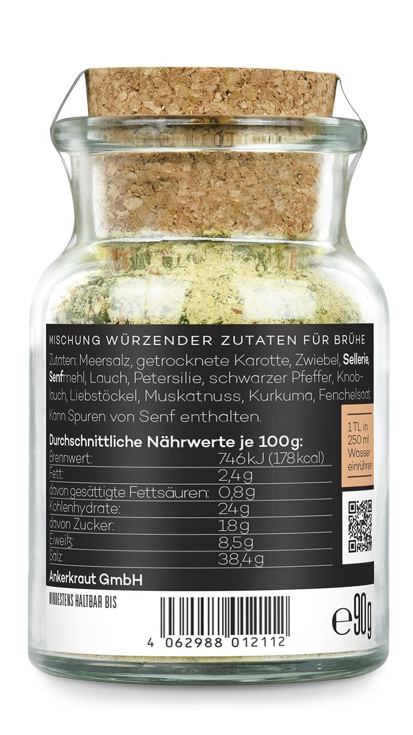 Ankerkraut Gemüsebrühe, ohne Gemsckverstärker, ohne Zucker, 90g in vetro di sughero, Mischung würzender Ingredient für Brühe
