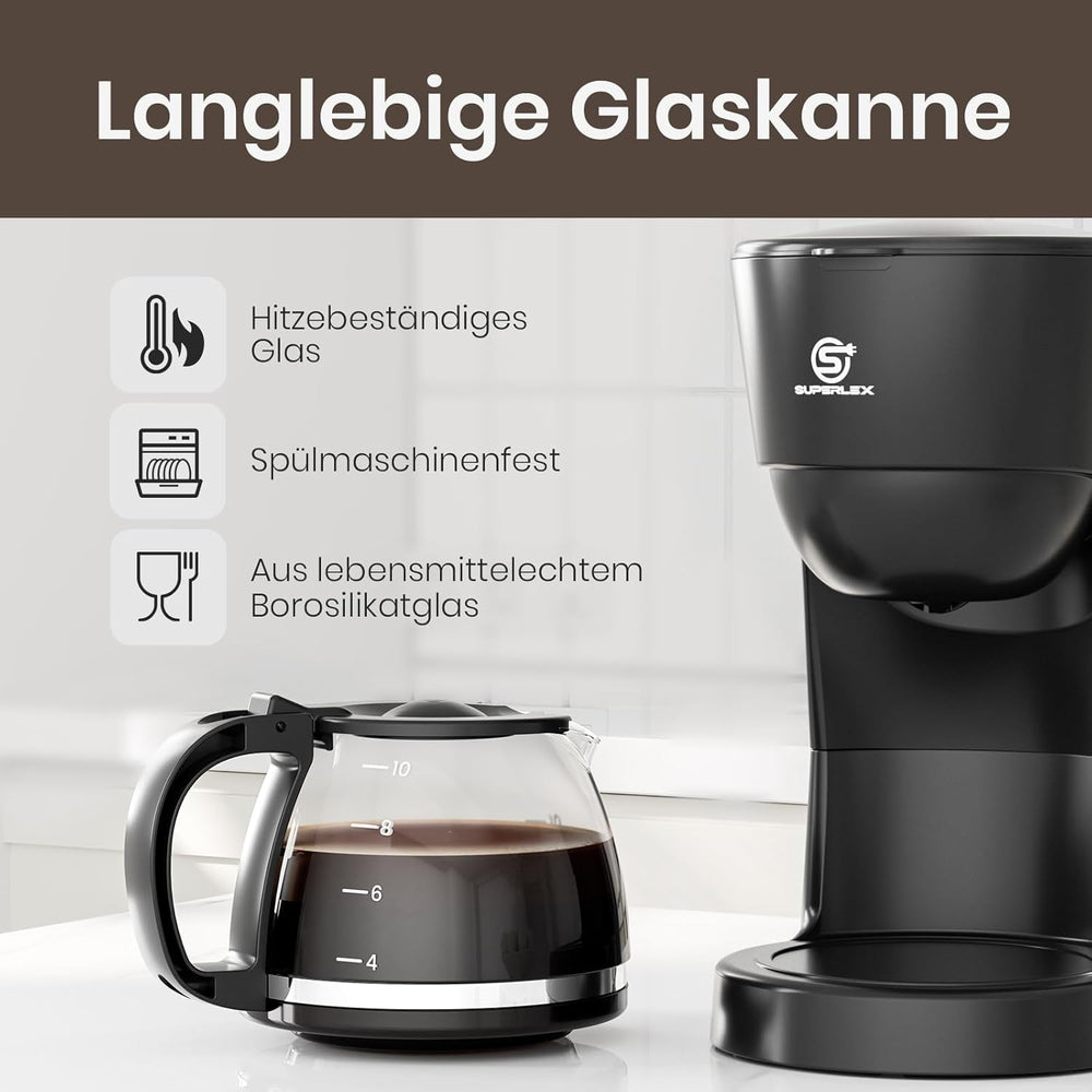 Espressor de cafea cu filtru 1,25 l pentru 10 cești de cafea cu filtru, carafă din sticlă lavabilă în mașina de spălat vase, termos, sistem anti-picurare, oprire automată, 600 W, protecție la fierbere fără apă pentru acasă și birou