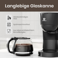 Espressor de cafea cu filtru 1,25 l pentru 10 cești de cafea cu filtru, carafă din sticlă lavabilă în mașina de spălat vase, termos, sistem anti-picurare, oprire automată, 600 W, protecție la fierbere fără apă pentru acasă și birou