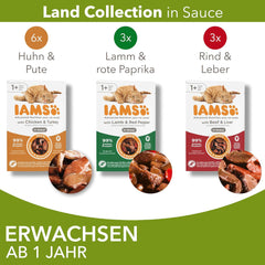 IAMS Delights Land Collection Hrană umedă pentru pisici - Pachet multiplu cu varietăți de carne (miel, vită, pui și curcan) în sos, hrană umedă pentru pisici de la 1 an, 12 x 85g
