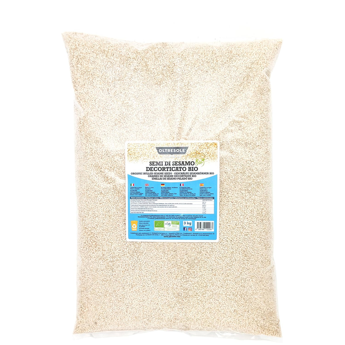 Semi di sesamo biologici 3 kg, semi oleosi biologici crudi, sesamo bianco, decorticato naturalmente, non tostato, fonte di calcio e ferro, confezione economica
