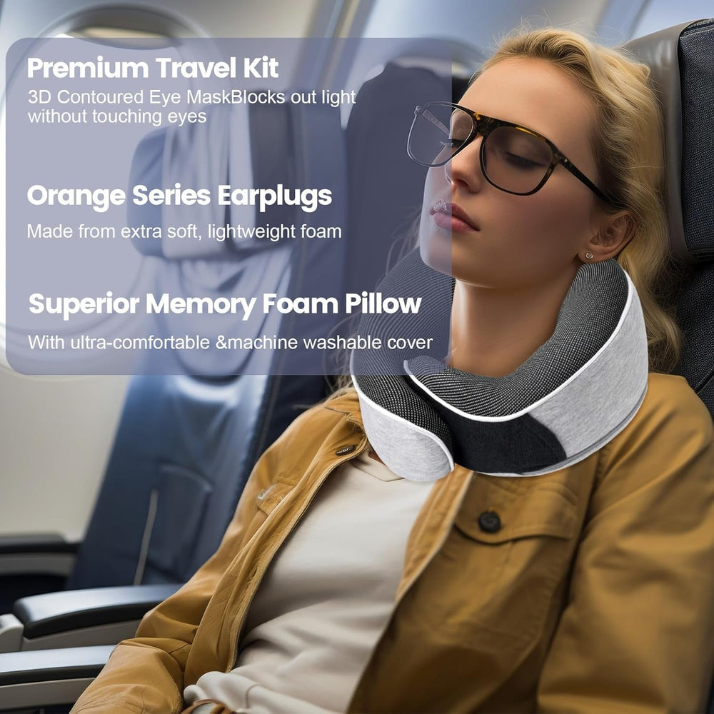 Pernă pentru gât, pernă de călătorie din spumă de memorie, pernă pentru gât din spumă de memorie, design ergonomic, cu mască pentru ochi, 2 dopuri de urechi și pungă de depozitare, perfectă pentru a dormi pe drum atunci când călătoriți Perne ortopedice cervicale Naty Shop