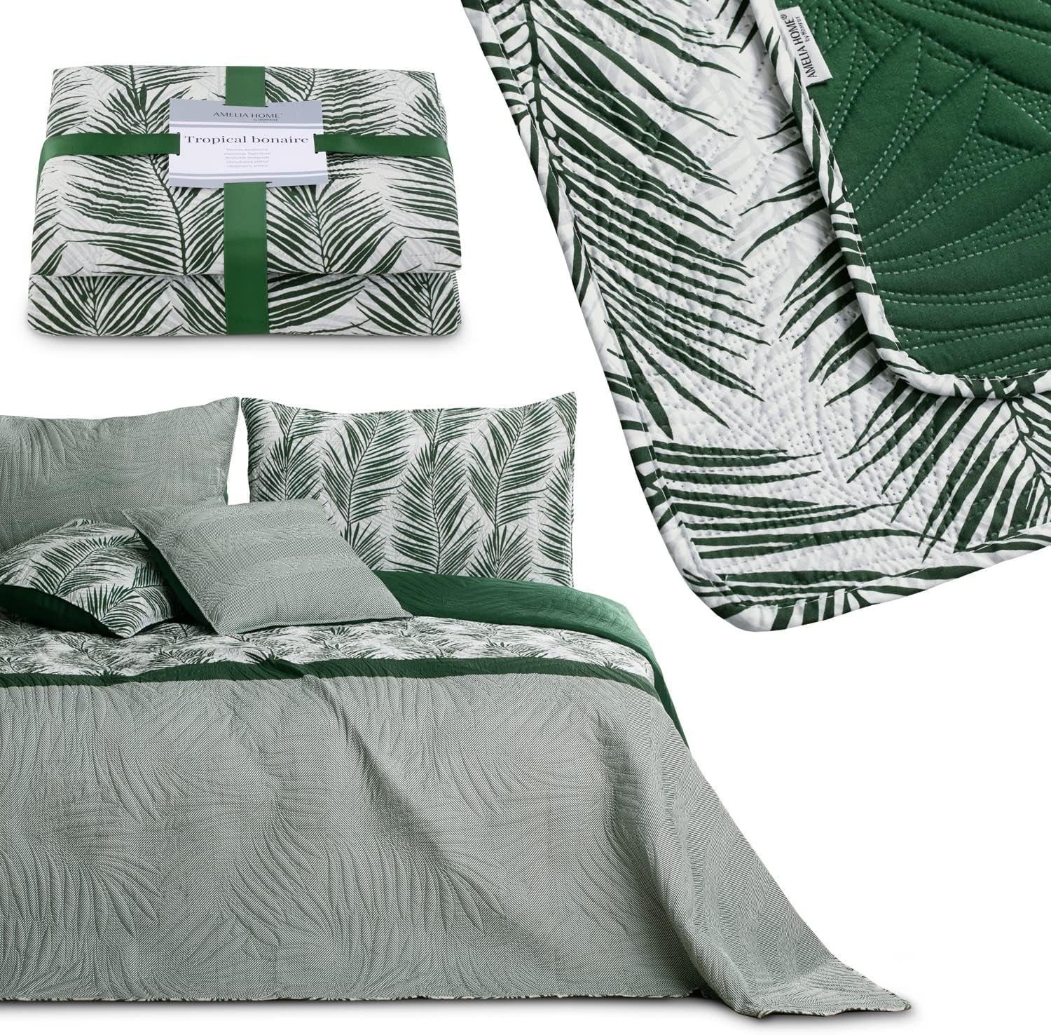 Ameliahome Copriletto Copriletto 170X210 Cm Double Face Copriletto Di Facile Cura Motivo Vegetale Verde Bianco Tropicale Bonaire Letti e coperte Besuche den AmeliaHome-Store
