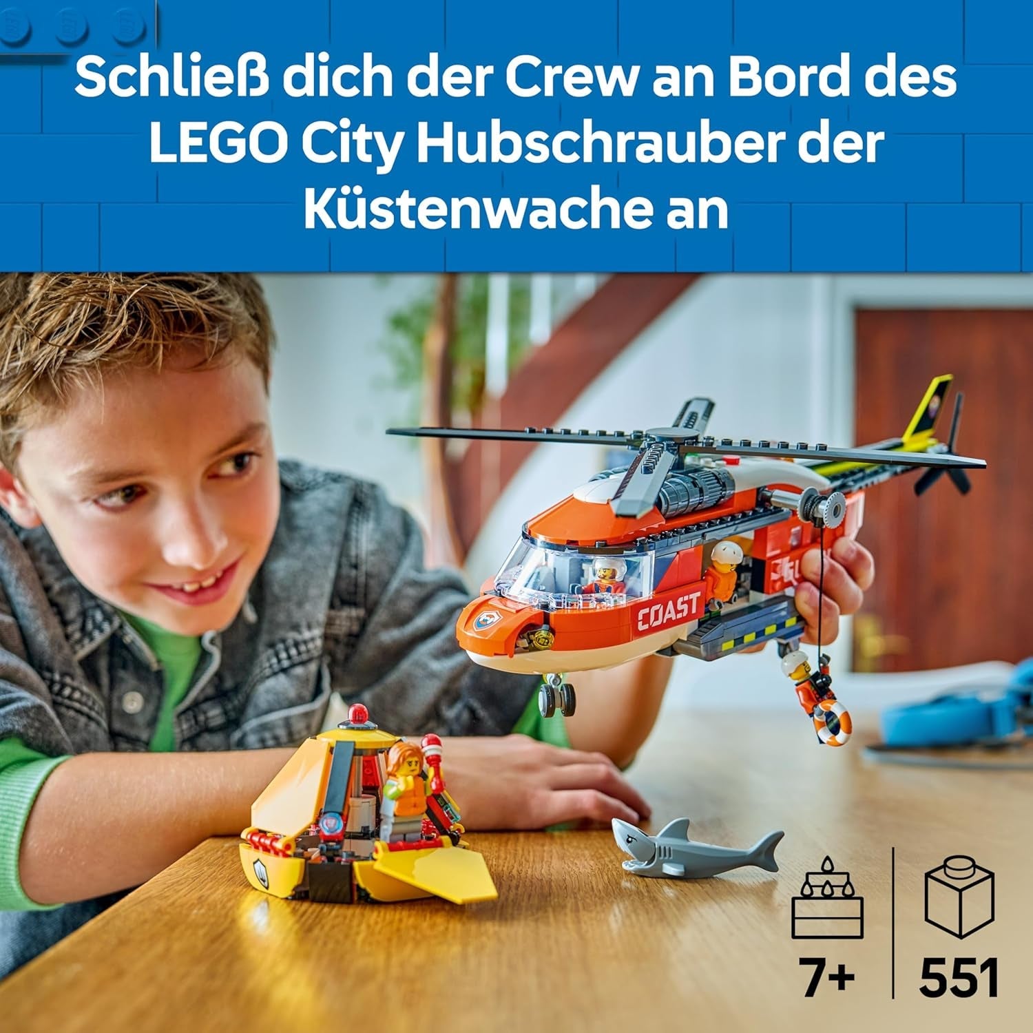LEGO City Hubschrauber der Küstenwache - Spielzeug Einsatzfahrzeug - Modellbau mit Schiebetüren, Winche, 4 Minifiguren und Hai Figur - Geburtstagschenkenken für Jungen ab 7 Jahren - 60503