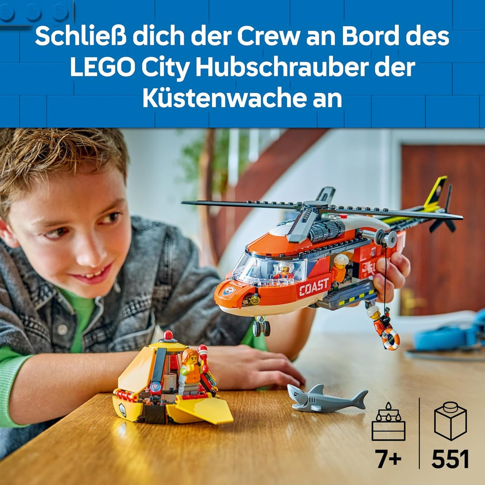 LEGO City Hubschrauber der Küstenwache - Spielzeug Einsatzfahrzeug - Modellbau mit Schiebetüren, Winche, 4 Minifiguren und Hai Figur - Geburtstagschenkenken für Jungen ab 7 Jahren - 60503