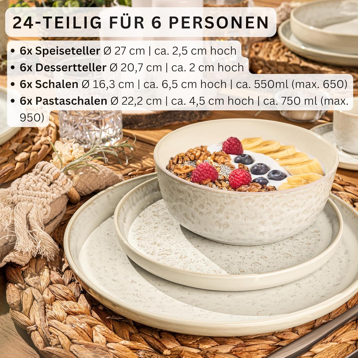 SÄNGER Key West | Set de veselă din gresie, 24 de piese, set de farfurii pentru 6 persoane, 6 farfurii de cină, boluri pentru cereale, farfurii pentru desert, boluri pentru paste, veselă de culoare crem cu textură nisipoasă | COLECȚIA VALUE