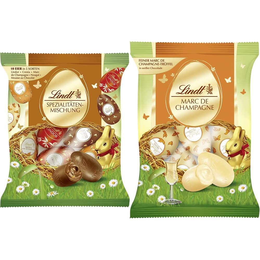 Miscela speciale di cioccolato | 2x180 g | Uova di latte intero in cinque varietà con e senza alcool (Uova Marc de Champagne e tartufi di cioccolato | 3 x 90 g)