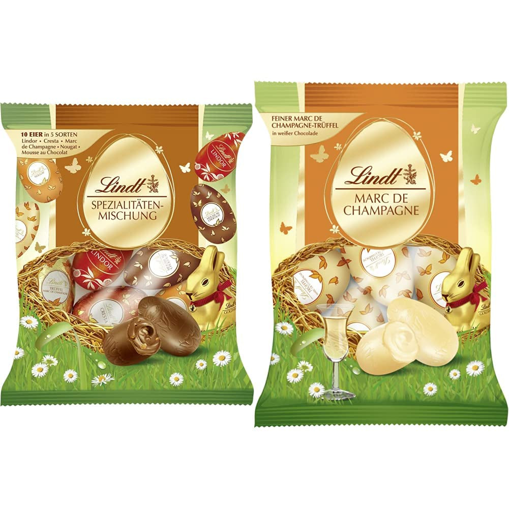 Miscela speciale di cioccolato | 2x180 g | Uova di latte intero in cinque varietà con e senza alcool (Uova Marc de Champagne e tartufi di cioccolato | 3 x 90 g)