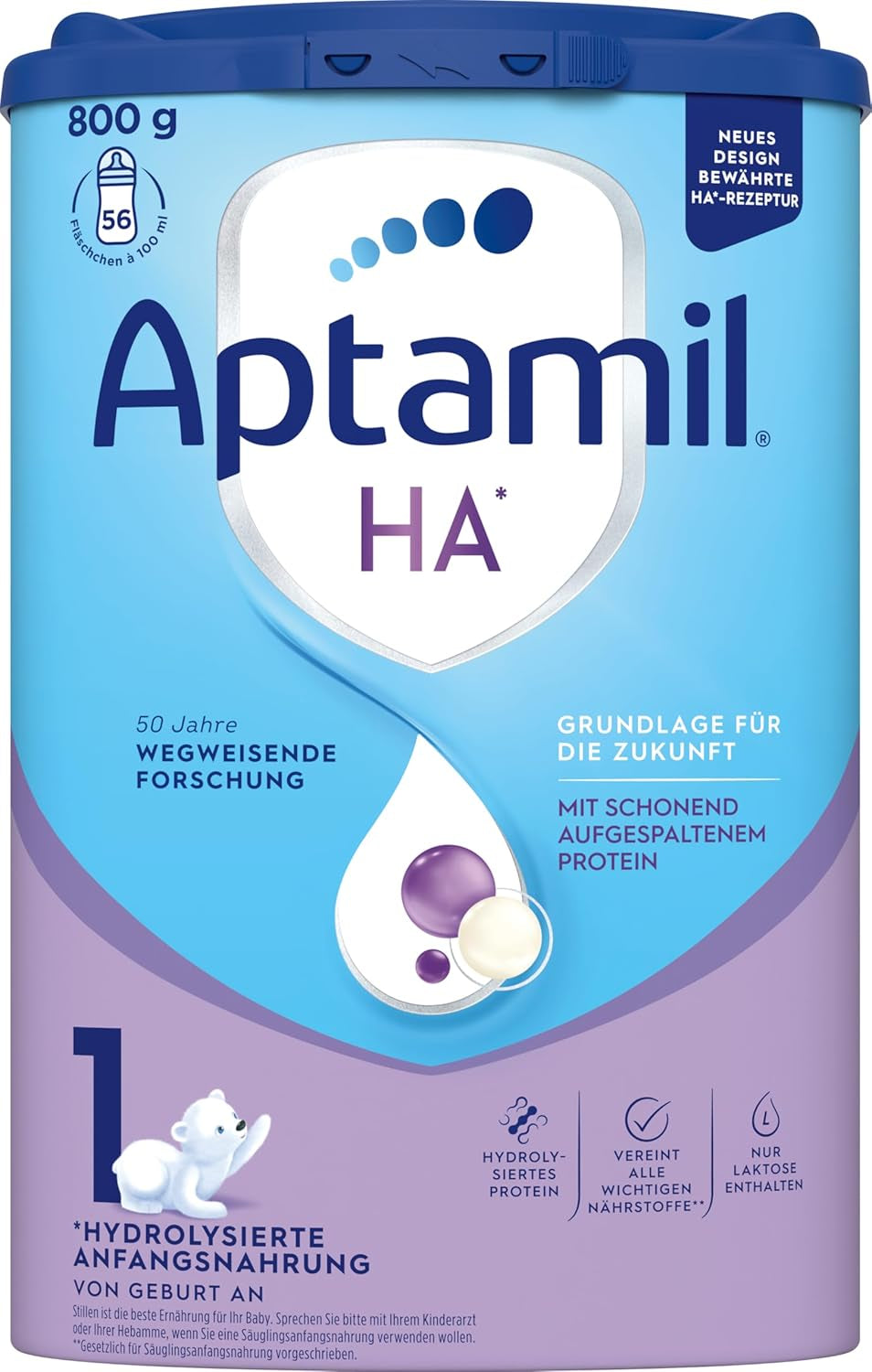 Aptamil HA 1 - Formula per lattanti dalla nascita, con DHA, senza lattosio, senza olio di palma, alimenti per l'infanzia, latte in polvere, 1 x 800 g