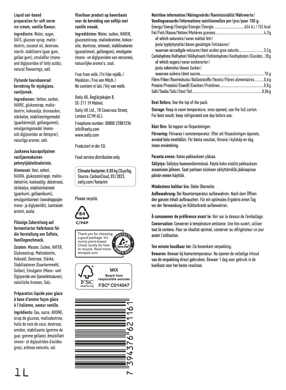 Oatly Soft Serve Mix per la produzione di gelato soft a base vegetale nella macchina per il ghiaccio 1L, (confezione da 6 pezzi)