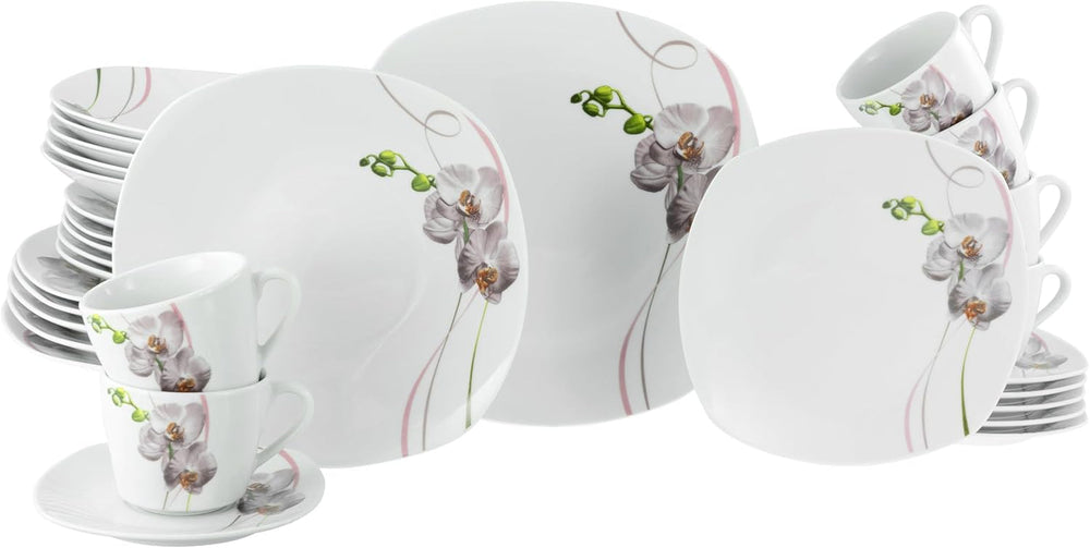 Creatable, 22536, Serie Square Orchidee, 62-Teiliges Geschirrset Für 6 Personen, Kombiservice Aus Porzellan, Spülmaschinen- Und Mikrowellengeeignet, Qualitätsproduktion Seturi vesela masa Naty Shop Kombiservice 30 Tlg