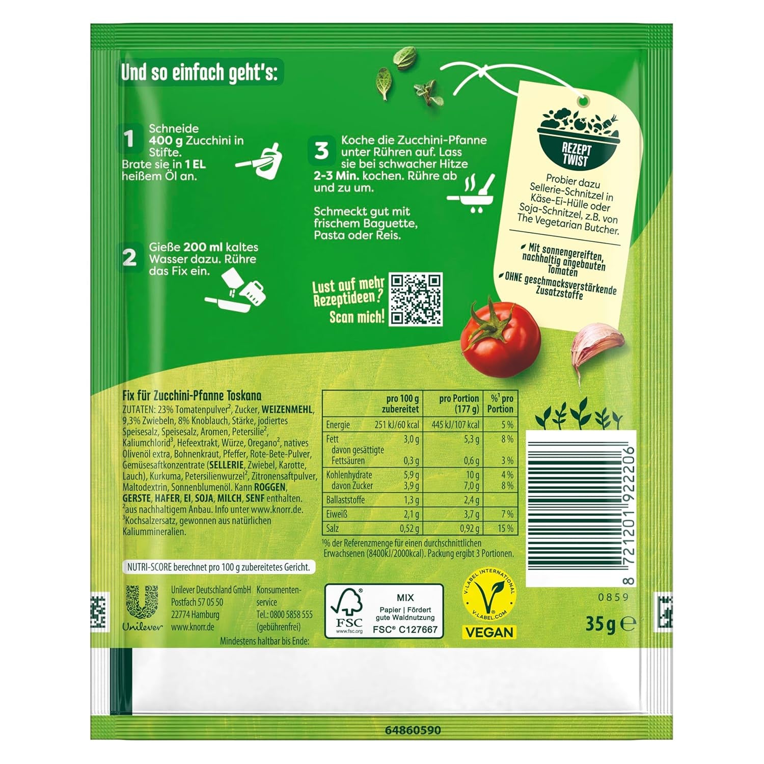 Knorr Fix Veggie Würzmischung Zucchini-Pfanne Toskana mit Gemüse für eine leckeres Gericht ohne geschmacksverstärkende Zusatzstoffe 3 Portionen