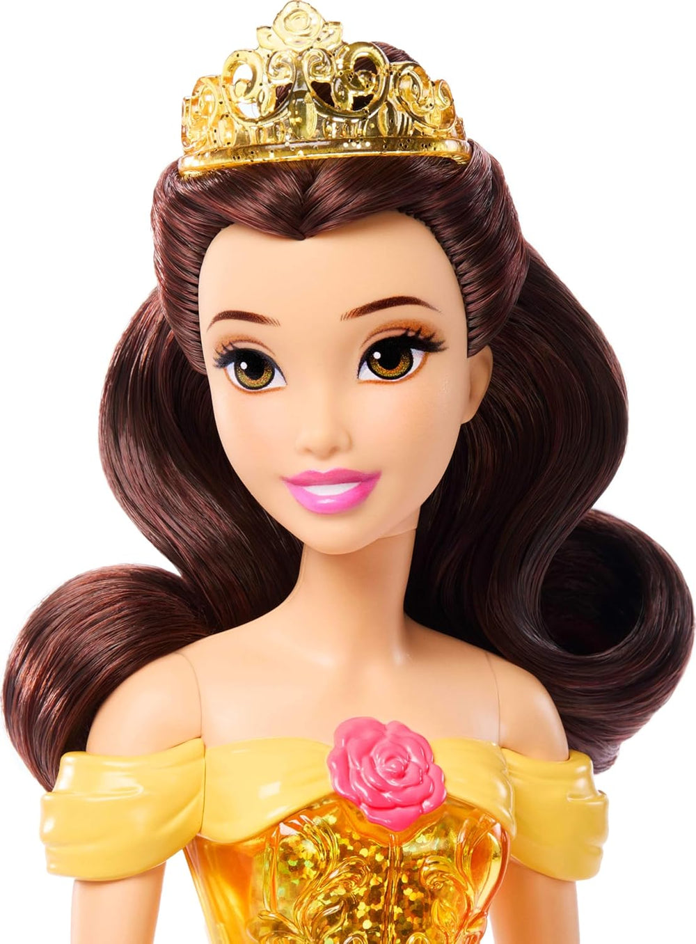 Jucărie Mattel Disney Princess, Păpușă la modă Belle articulată cu haine și accesorii strălucitoare, inspirată din filmul Disney, cadou pentru copii, HLW11