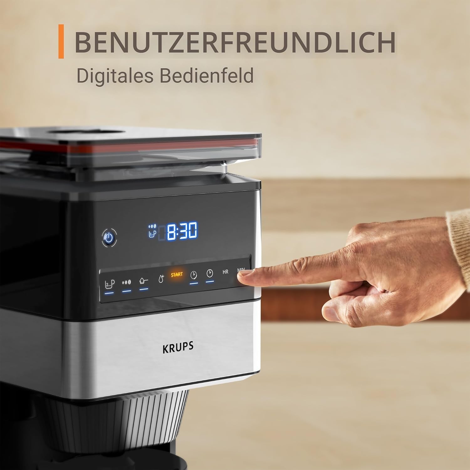Espressor KRUPS Grind Aroma XL, râșniță conică detașabilă, panou de control digital, capacitate XL (1,5 l), funcție de menținere la cald, carafă din sticlă, negru/oțel inoxidabil, KM842810