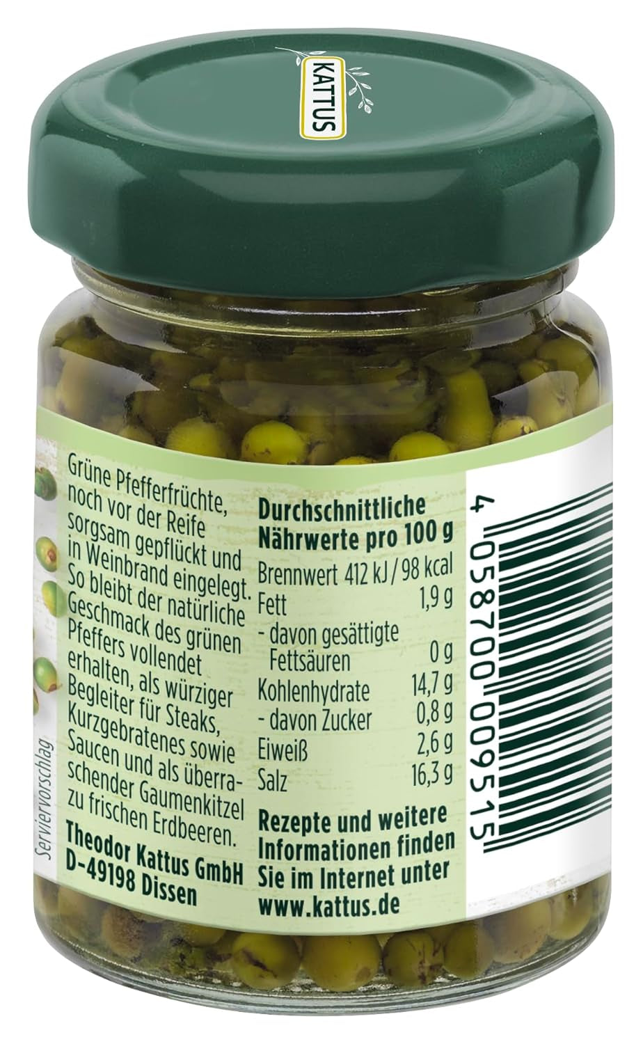 - Grüner Pfeffer in Weinbrand | Ganzer, eingelegter Pfeffer zum Würzen von Saucen | 50 g in vetro