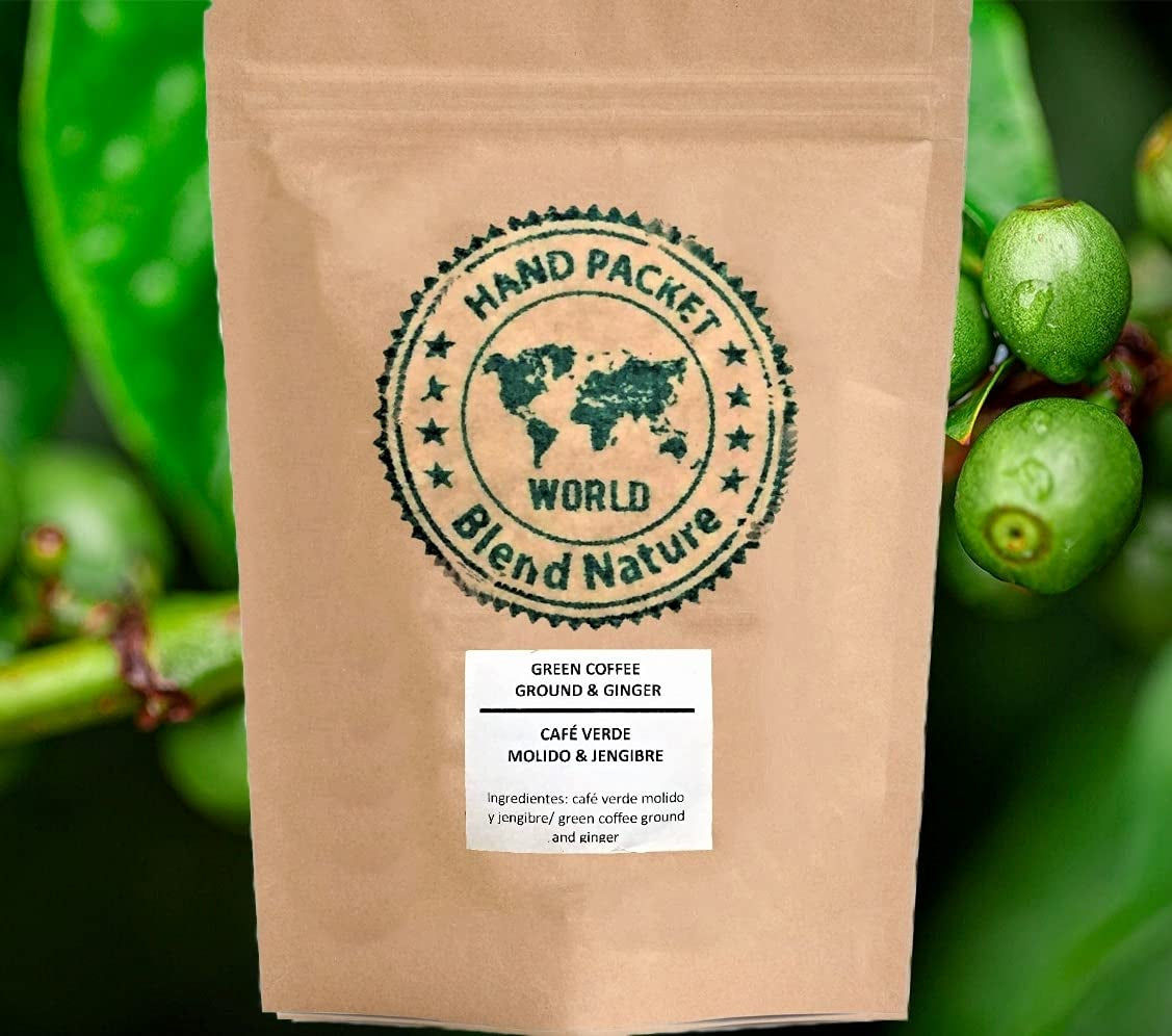 Cafea verde pentru infuzie, 100% naturală cu ghimbir, 500g - Boabe zdrobite de la Cafe Arabica Colombia Excelso - Sferă cadou - Sită pentru infuzie din oțel inoxidabil