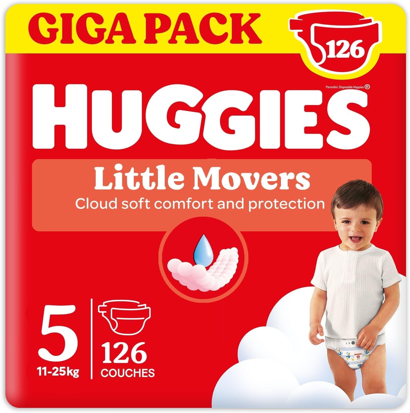 Pannolini per bambini Huggies Little Movers, design Disney, taglia 5, 126 pezzi (3 x 42), scatola mensile