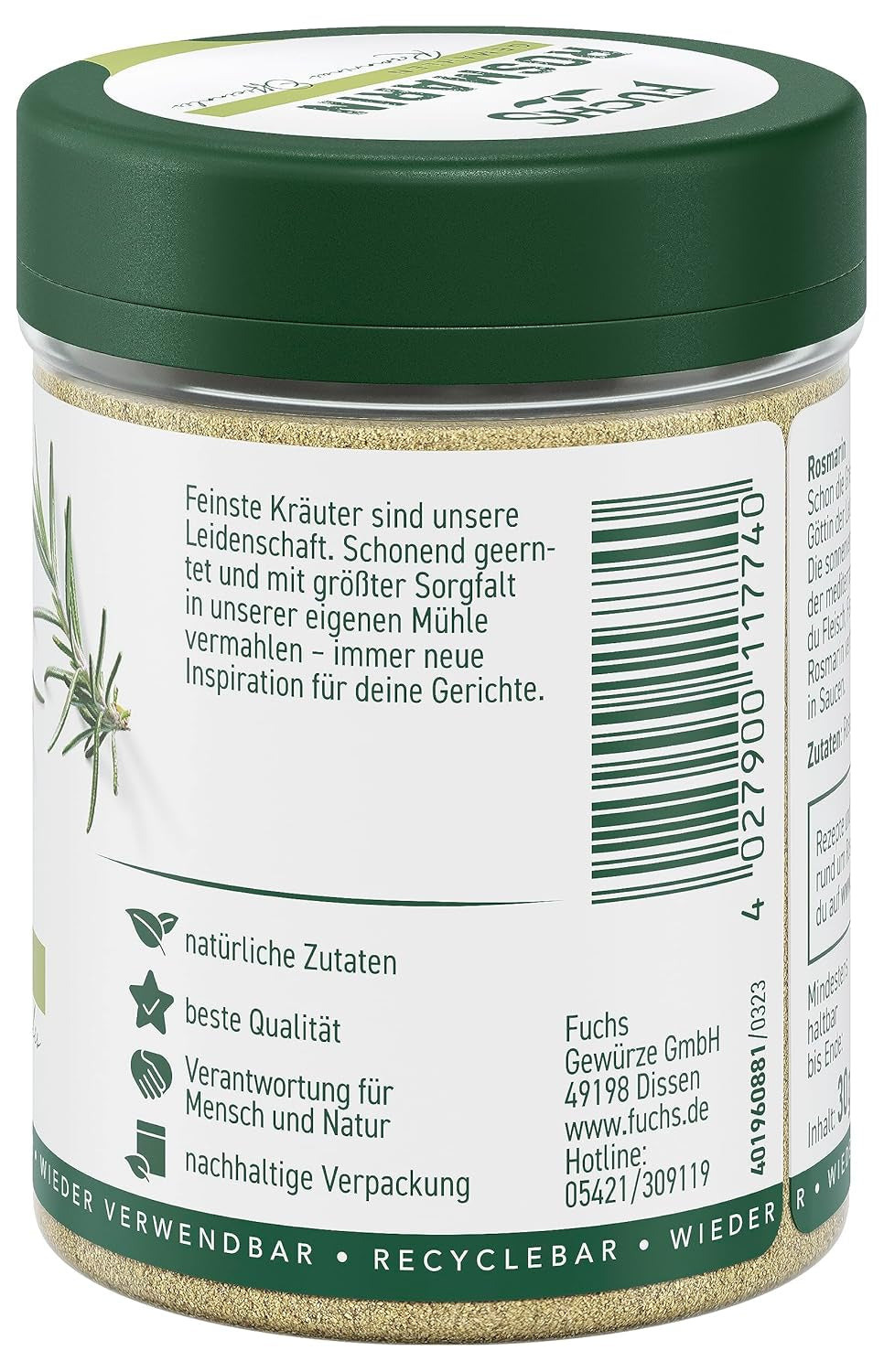 Fuchs Gewürze - Rosmarin gemahlen - zum Würzen von Fisch, Fleisch und Gemüse - ingredienti naturali - 30 g in wiederverwendbarer, recyclebarer Dose
