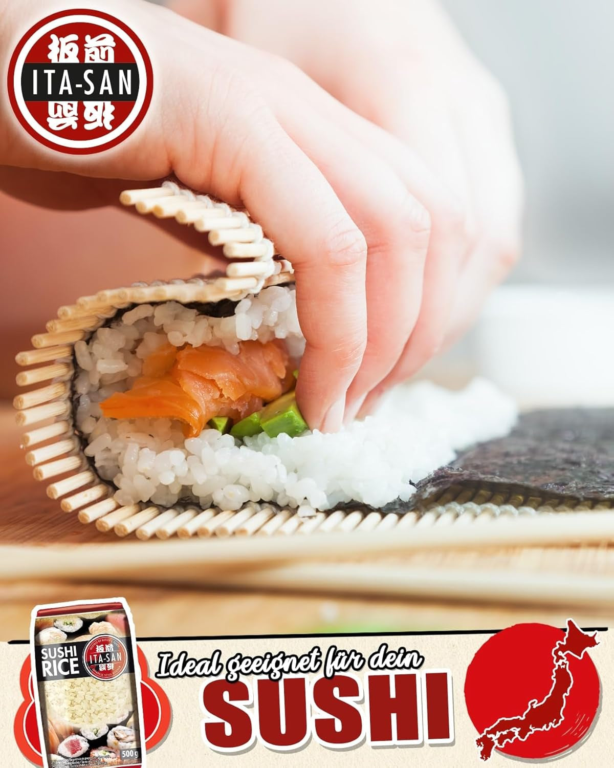 ITA-SAN Riso Sushi, Grana Tonda, Alta Qualità, Varietà Pura al 100%, Preparazione Facile e Veloce, Vegano, Halal, Senza Glutine (1 x 500g)