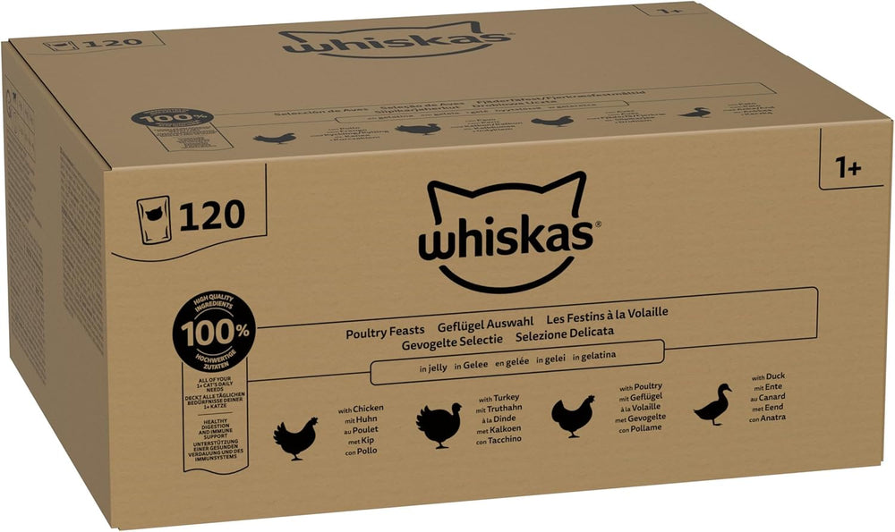 WHISKAS Hrană umedă pentru pisici în jeleu 120 x 85g Selecție de păsări de curte