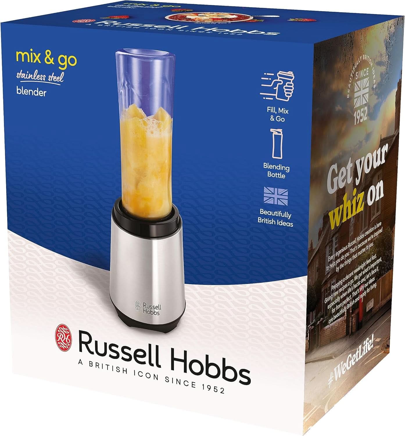 Russell Hobbs Mixer - Robot da cucina e frullatore da portare via [23.500 U/Min Power-Motor] Inkl. 1X Mixbehälter 600Ml (Bpa-Frei, Spülmaschinen- & Bruchfest Inkl. Deckel) Zerkleinerer, Edelstahl, 23472-56 Kitchen Naty Shop