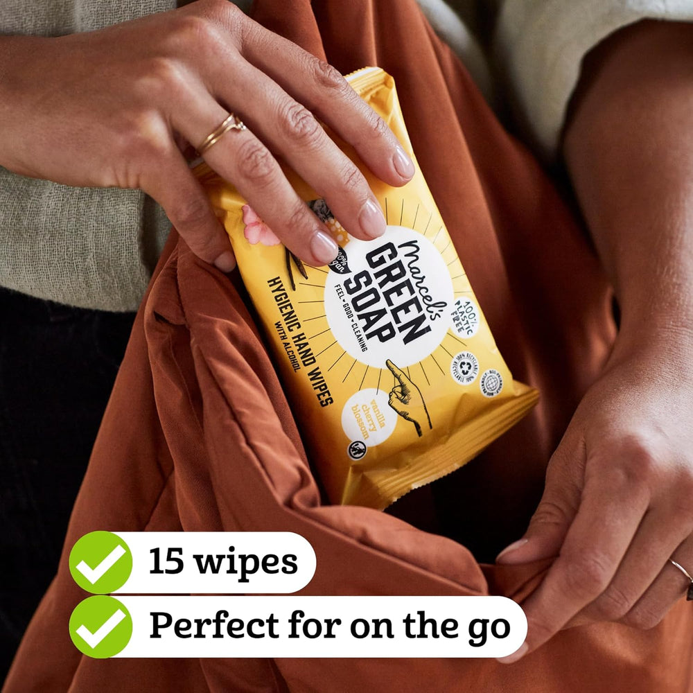 Salviette umidificate per mani Marcel's Green Soap, confezione da 60 - Vaniglia e fiori di ciliegio - A base vegetale - Biologiche