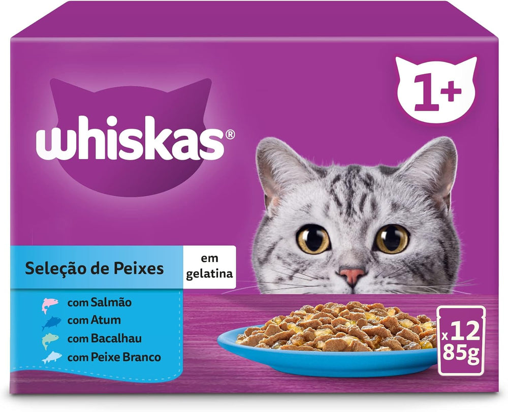Whiskas Nassfutter für ausgewachsene Katzen, Fischauswahl in Gelee (Multipack, 4 x 12 x 85 g)