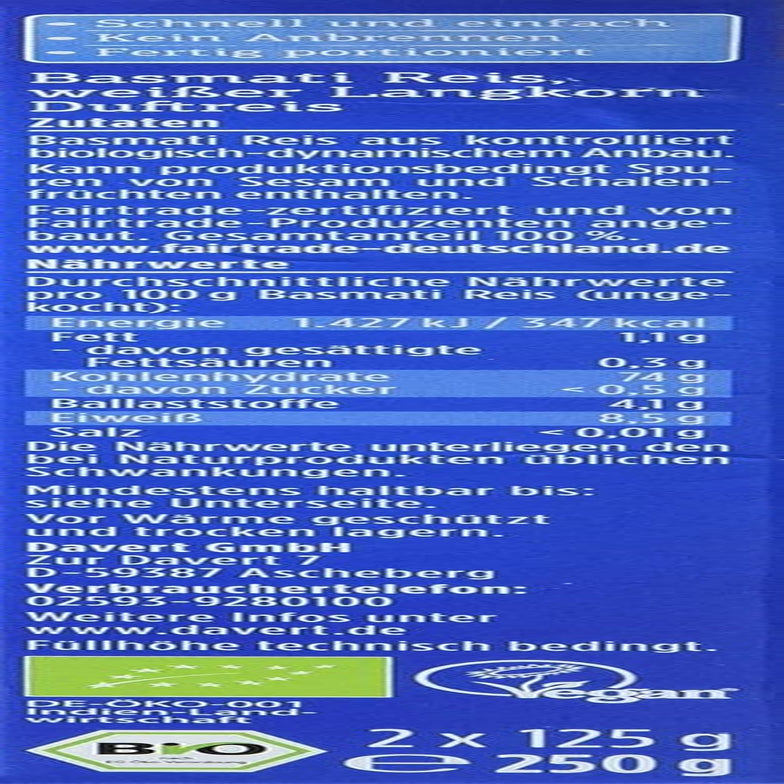 Davert Riso Basmati biologico in buste da cucina, 2 buste, 250g