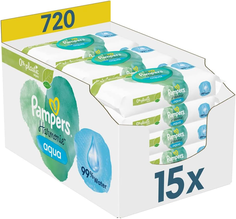 2320 Plus 2017 Scatola di ricarica (confezione da 6) e scatola di salviette umidificate Pampers Harmony Aqua Baby, 720 salviette (15 x 48), protezione delicata per la pelle con il 99% di acqua