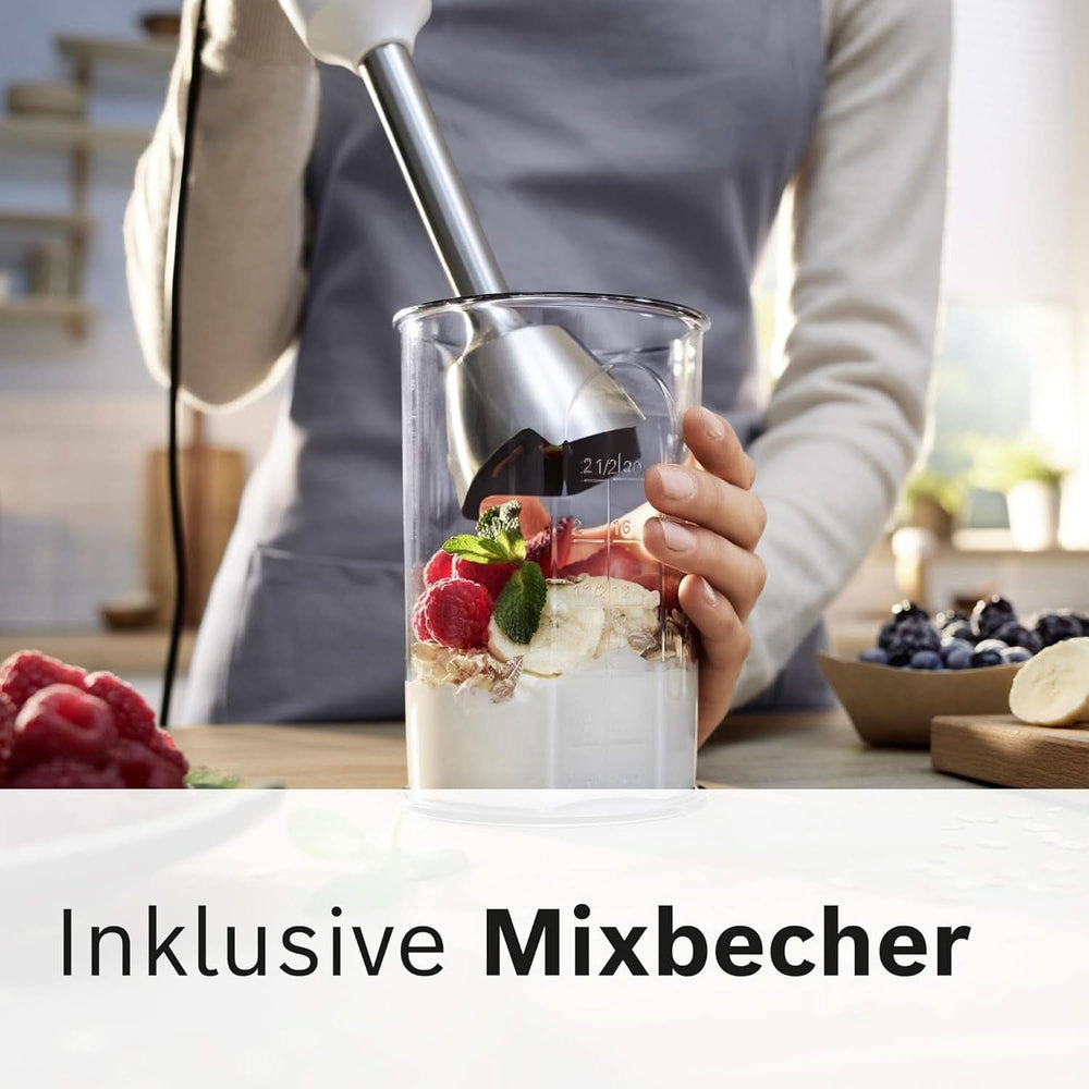 Bosch Stabmixer Ergomaster Serie 4 MSM4W210, Einhändig Bedienbar, Edelstahl-Klingen, Verschleißfreie Keramik-Kupplung, Mixbecher, Quattroblade, Antisplash Funktion, Einschaltsperre, 600 W, Weiß Mother and Child Naty Shop