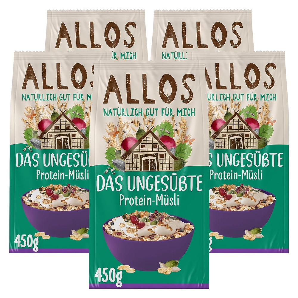 Allos muesli proteico non zuccherato | Muesli biologico | Farina d'avena | Cereali per la colazione | Vegano (5 x 450 g), 1 pezzo (confezione da 5)