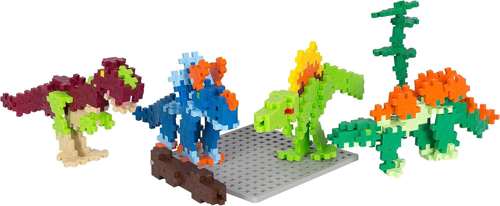 Plus-Plus 7266 Geniales Konstruktionsspielzeug, Dinosaurier-Mix, Bundle aus 4 verschiedenen Kreativ-Bausteine Tubes inkl. Bauplatte, 400 Teile, Mischfarben