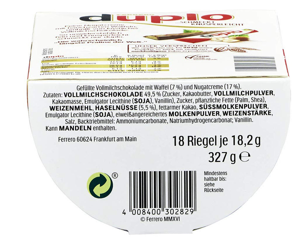 Ferrero Duplo Confezione Grande - Barrette di Cioccolato con Crema di Torrone Pregiato, Wafer Croccante e Cioccolato Fine al Latte - Dolci di Carnevale e Martedì Grasso - 15 Confezioni da 18 Barrette Incartate Singolarmente