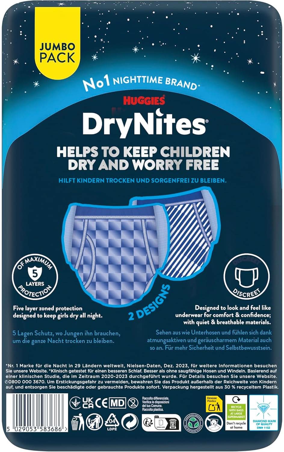 Pannolini notte Huggies Drynites, per ragazzi da 13 a 17 anni circa (48-60 kg), 33 pezzi (3X11), confezione mensile jumbo Mamma e Bambino Naty Shop