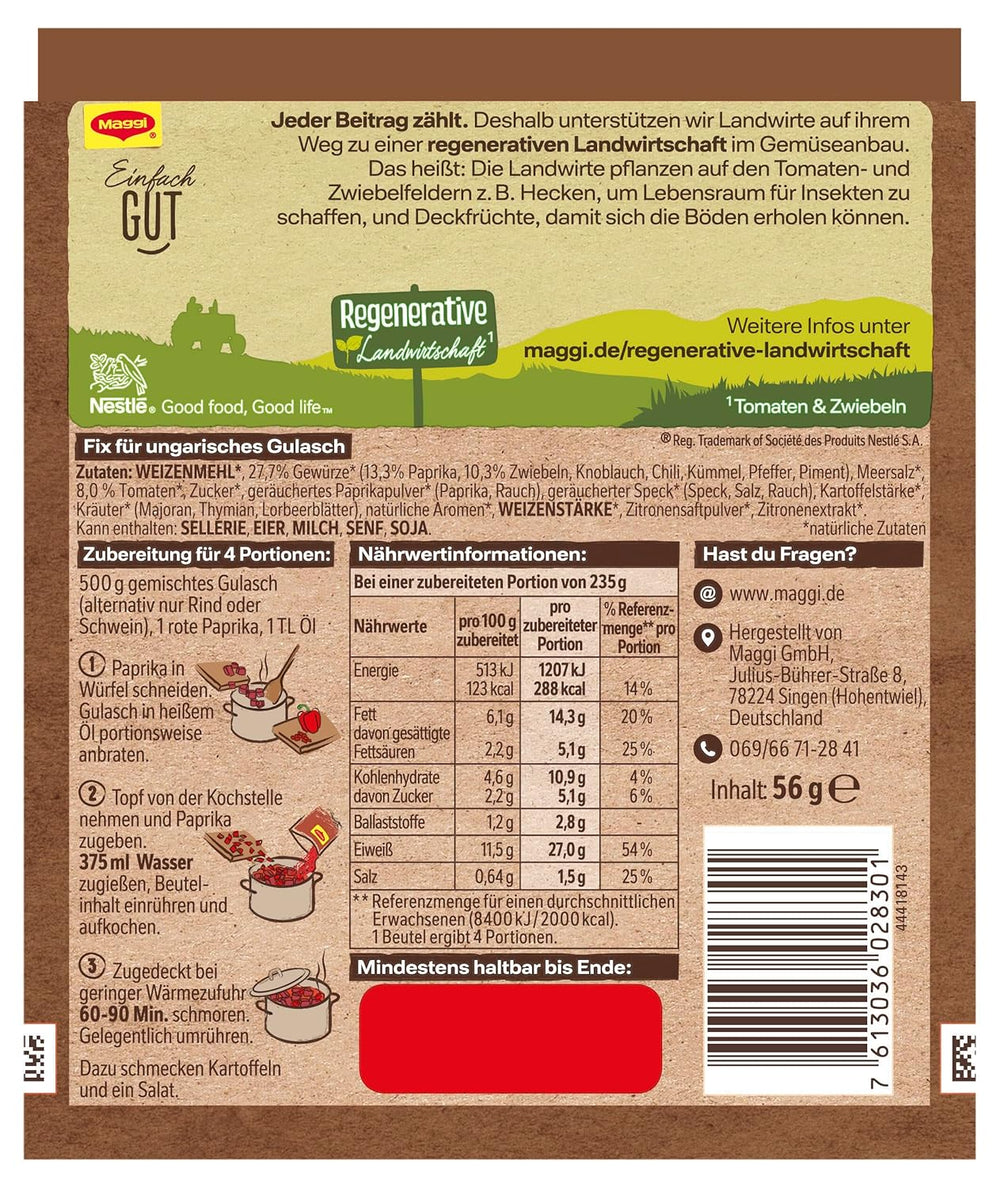 MAGGI Fix per gulasch ungherese, Würzmischung, mit natürliche Ingredient*, per 4 porzioni, 1er Pack (1 x 56g Packung)